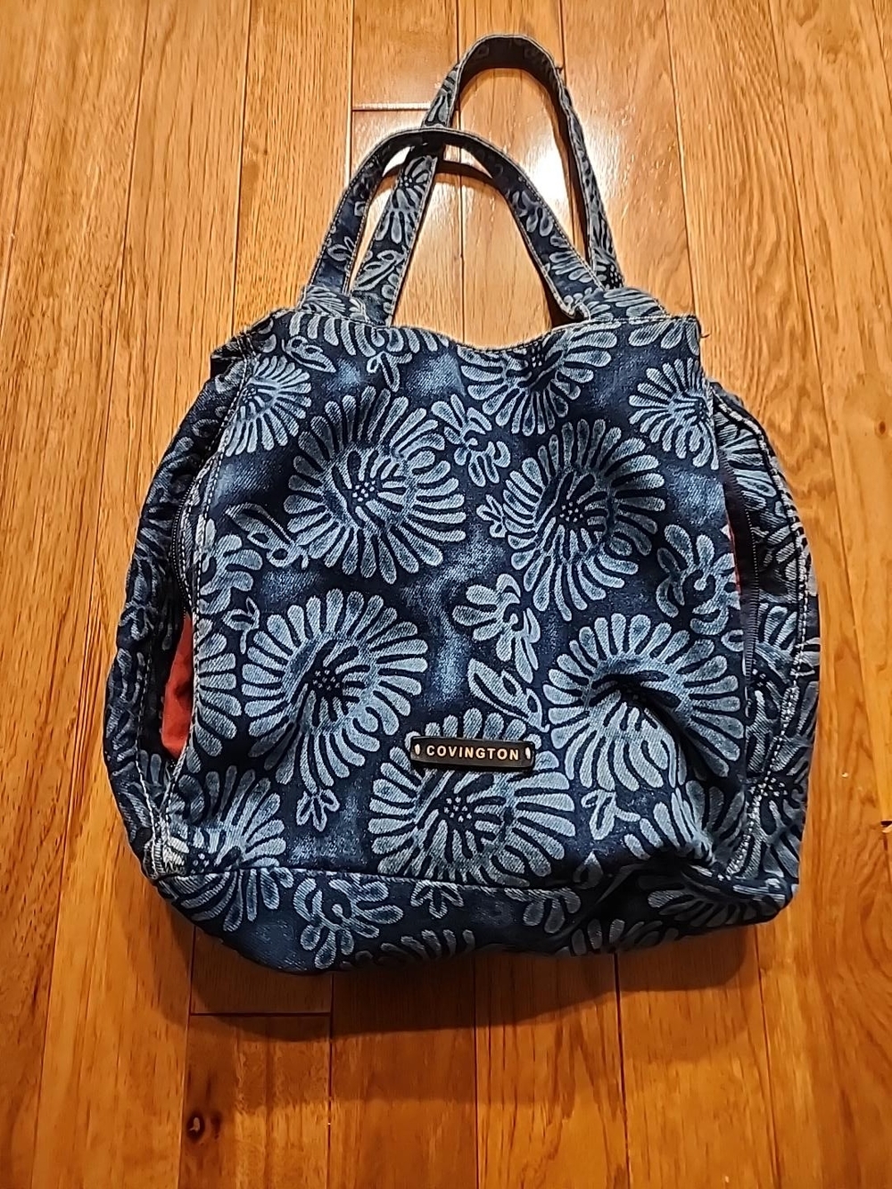 Covington Blue Floral Denim Tote Shoulder Bag Organizer Handbag